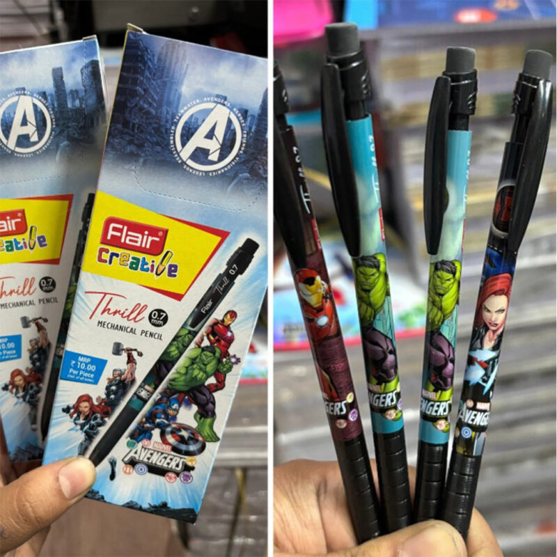 A Avengers Tip Pencil Pack showing two packaged mechanical pencils with Avengers characters (Hulk, Iron Man, Captain America, Black Widow) and a hand holding three individual pencils with character designs.
