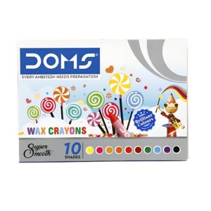 A white box of DOMS Wax Crayons featuring a colorful design with lollipops and a cartoon character, indicating "Super Smooth" and "10 Shades" with color swatches.