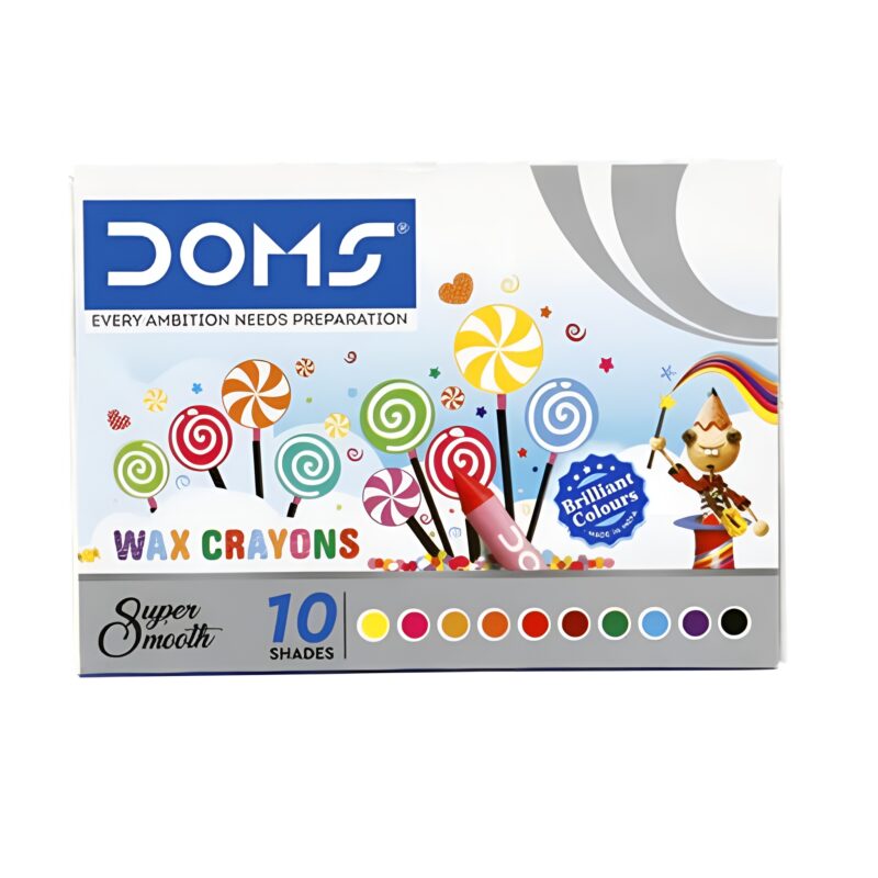 A white box of DOMS Wax Crayons featuring a colorful design with lollipops and a cartoon character, indicating "Super Smooth" and "10 Shades" with color swatches.