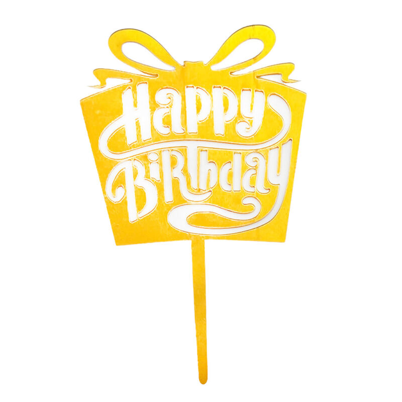 A shimmering gold Gift Shape Cake Topper with a bow design and "Happy Birthday" written in decorative script, on a white background.