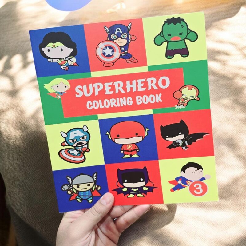 An Exciting Superhero Coloring Book cover featuring cute chibi versions of various superheroes like Wonder Woman, Captain America, Hulk, Iron Man, The Flash, and Batman in colorful squares.