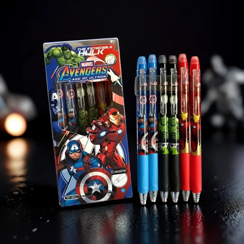 A box of Avengers Erasable Pens featuring Hulk, Captain America, and Iron Man, next to a row of individual pens in blue, black, red, and yellow, on a dark background.
