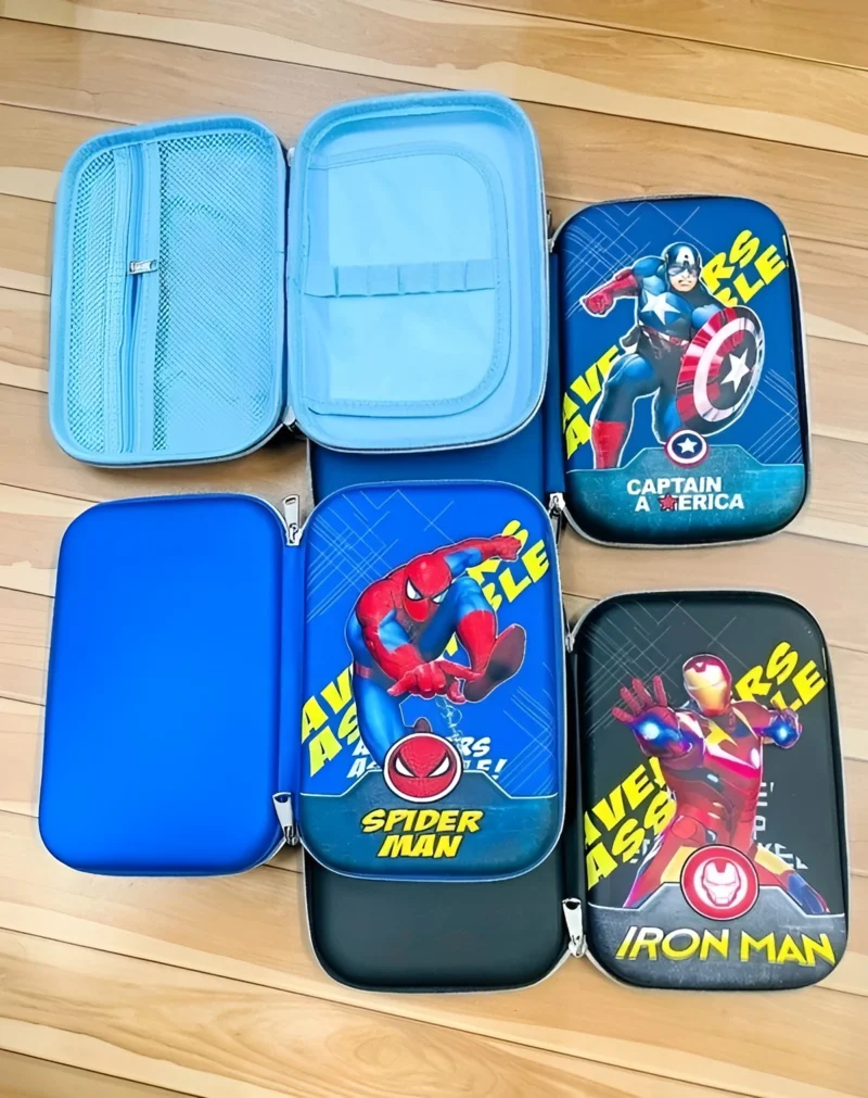 Several open Boys EVA Pouches displaying mixed superhero themes including Captain America, Spider-Man, and Iron Man, showing their spacious interiors.