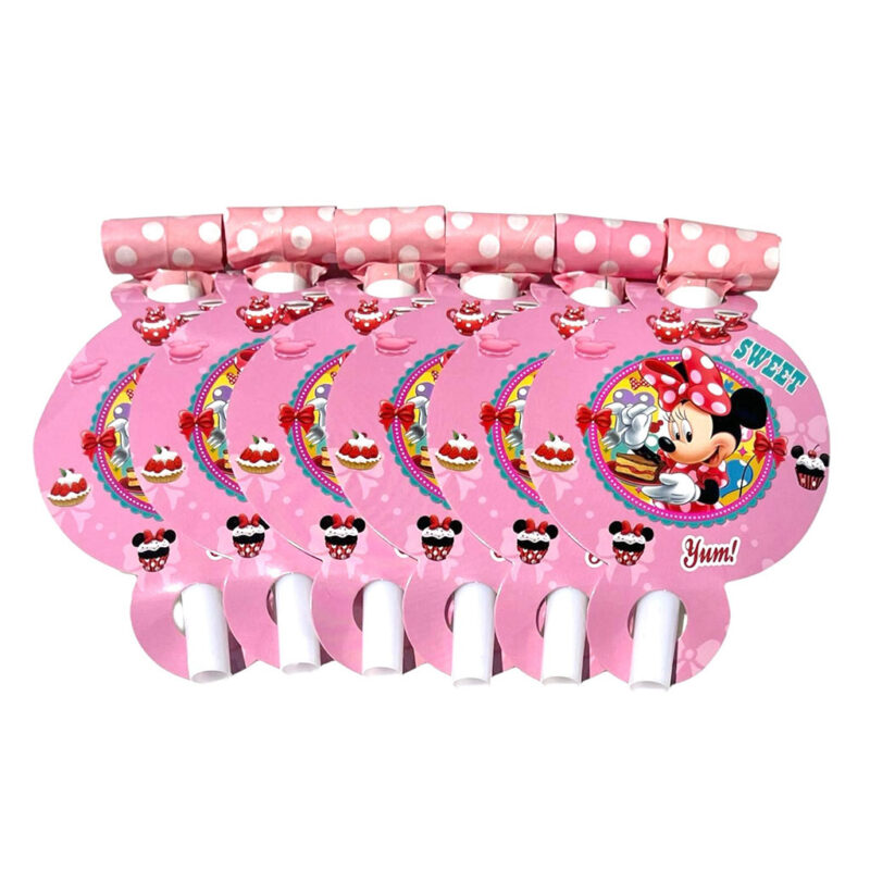 Minnie Mouse party blowouts pack of six. Each blowout has a pink and white polka dot design at the top and features an image of Minnie Mouse with cupcakes and the words "SWEET" and "Yum!".