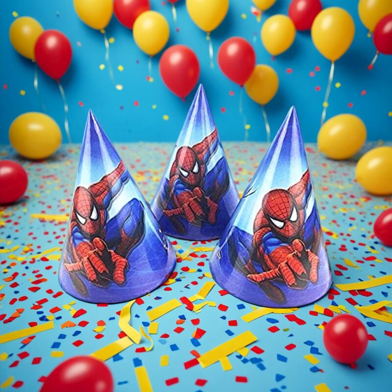A single Spiderman birthday hats. The hat is cone-shaped with a blue base and features a detailed image of Spider-Man in his red and blue suit, aiming his web.