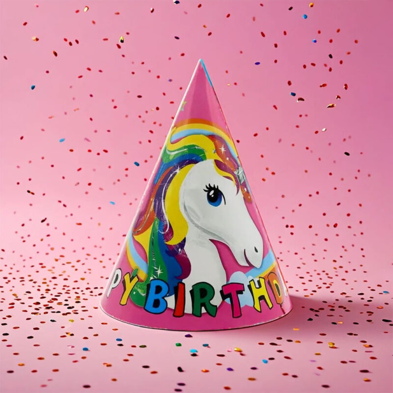 Unicorn Birthday Hats Pack featuring a colorful unicorn illustration on a pink "Happy Birthday" hat with scattered confetti.