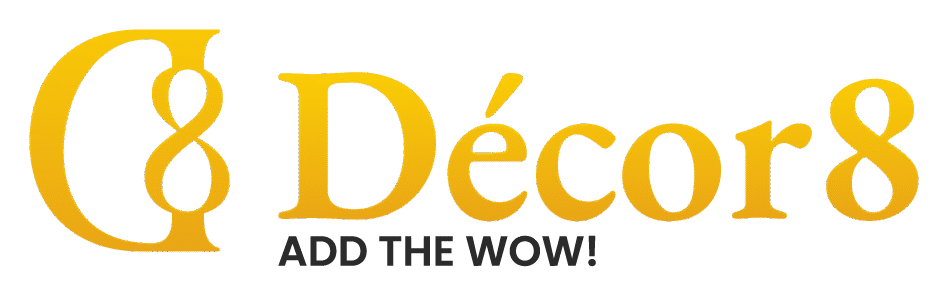 Decor8 logo with "ADD THE WOW!" slogan in gold and black.