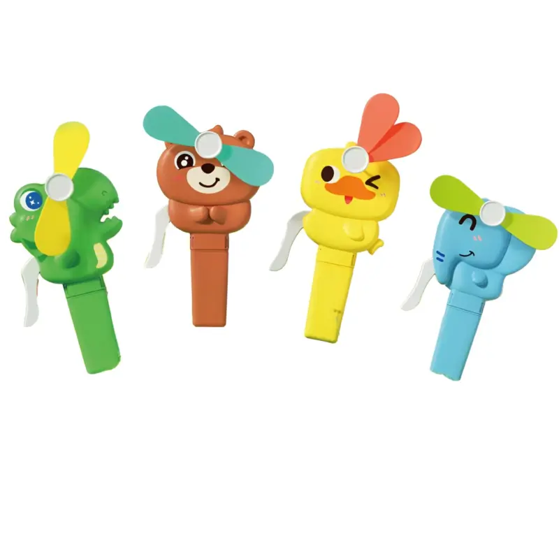A group of four colorful Animal Bubble Fans shaped like a green crocodile/dinosaur, brown bear, yellow duck, and blue elephant, each with a spinning propeller.
