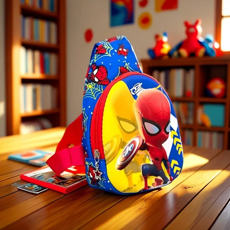 An Adventurous Boys Chest Bag Small featuring Spiderman with a vibrant yellow background, placed on a wooden table.