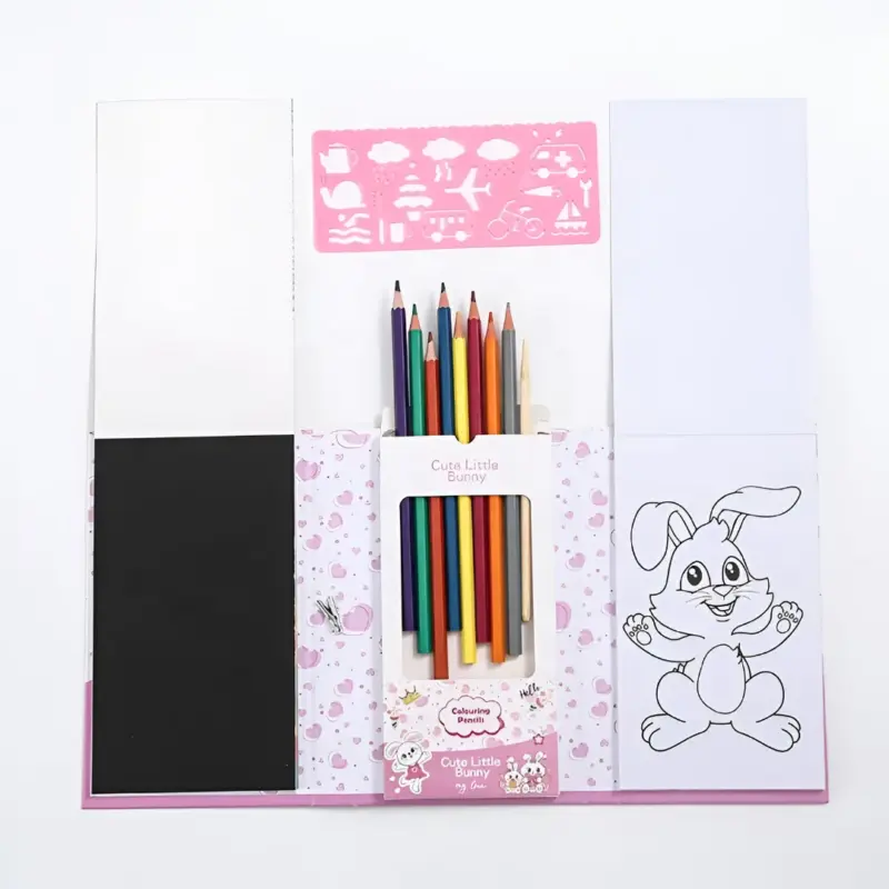 An open Coloring and Scratch Book set with a "Cute Little Bunny" theme, revealing coloring pencils, a stencil sheet, and a bunny coloring page inside.