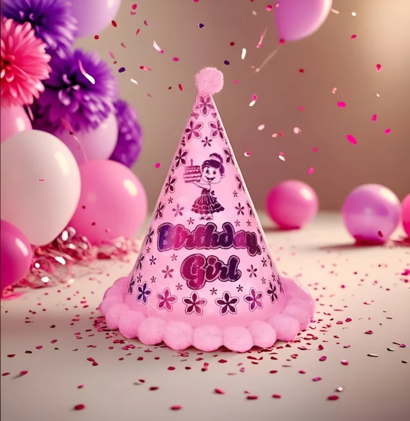 An adorable pink Birthday Girl Hat with a small girl holding a birthday cake, flower and star patterns, and a fluffy pink pom-pom trim, surrounded by confetti and balloons.
