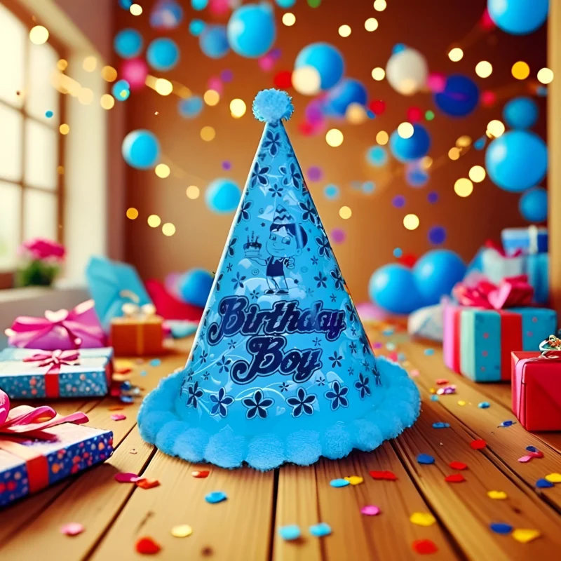 An adorable blue Birthday Boy Hat with a boy character illustration and flower patterns, with fluffy blue pom-pom trim, set in a festive party scene with balloons and gifts.