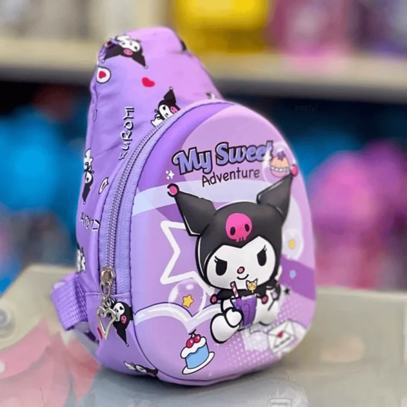 An Adorable Girls Chest Bag in purple featuring the Sanrio character Kuromi with text "My Sweet Adventure" and cupcake designs.