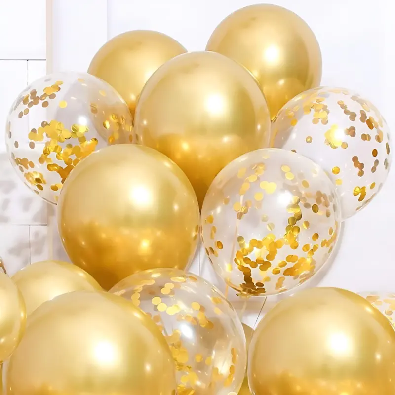 A close-up view of a cluster of inflated Gold Confetti Balloons mixed with solid gold metallic balloons, showcasing the shimmering confetti inside the clear ones.