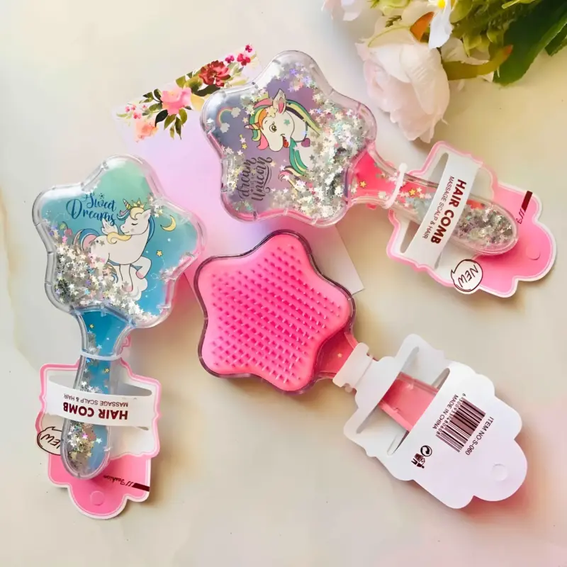 A vibrant collection of Kids Star Hair Combs in various colors, each featuring a clear star-shaped head filled with sparkling glitter and adorned with popular designs like unicorns and mermaids.