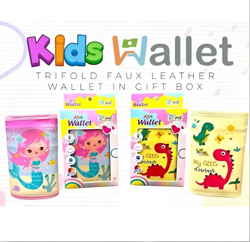 A display of four Kids Wallets: two unboxed (Mermaid, Dinosaur) and two in gift boxes (Mermaid, Dinosaur), showcasing the various available themes and packaging.