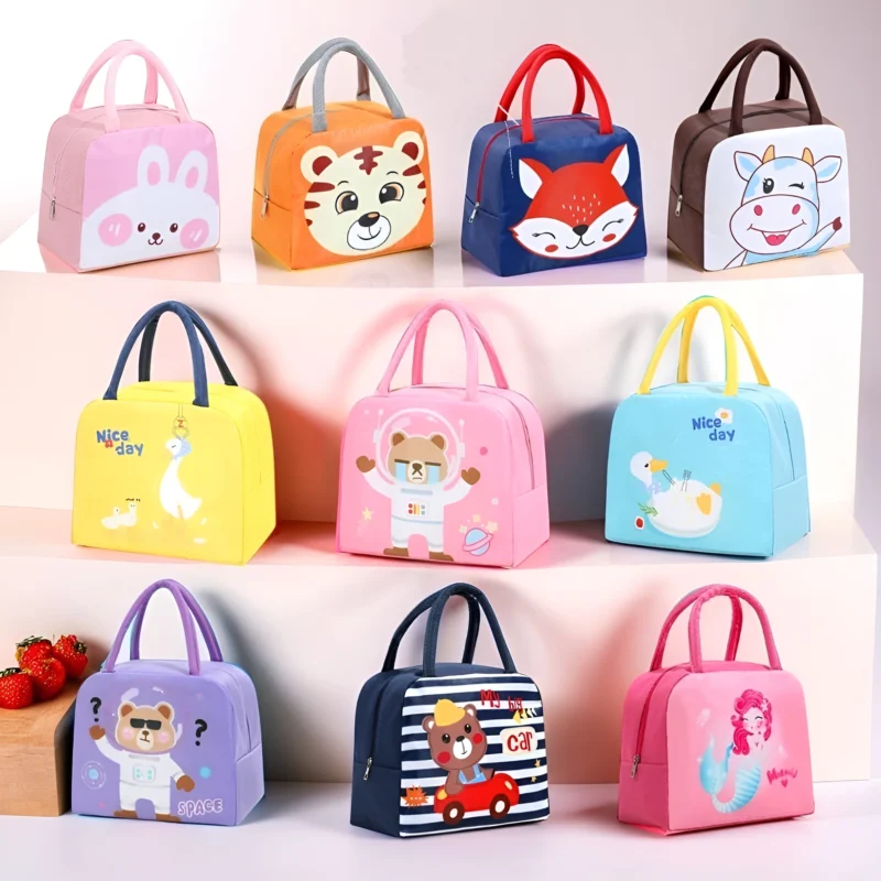 An array of Small Kids Lunch Bags in various colors (pink, orange, blue, brown, yellow, purple) featuring cute animal designs like rabbits, tigers, foxes, cows, ducks, bears, and mermaids.