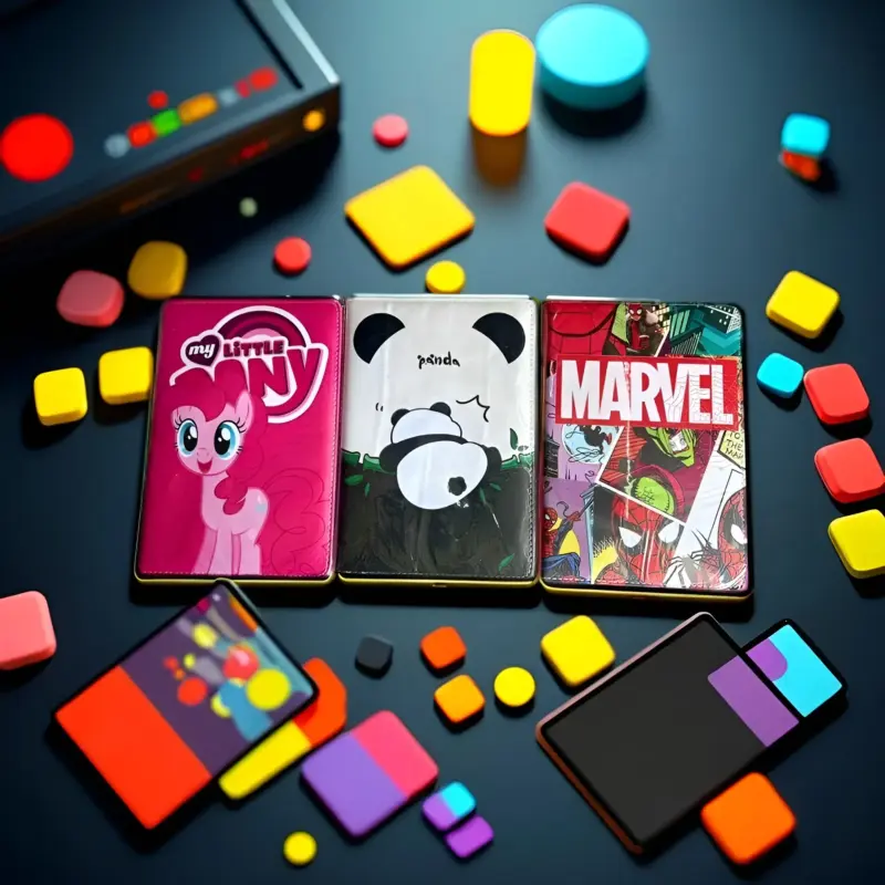 Three Premium Leather Diary A5 notebooks with different themed covers: My Little Pony, Panda, and Marvel, surrounded by colorful square and round mini blocks.