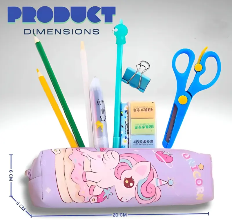 A purple Small Pony Pencil Pouch with a unicorn design, shown with various stationery items (pencils, pen, scissors, erasers) stored inside, and dimensions (20cm L, 6cm H) indicated.