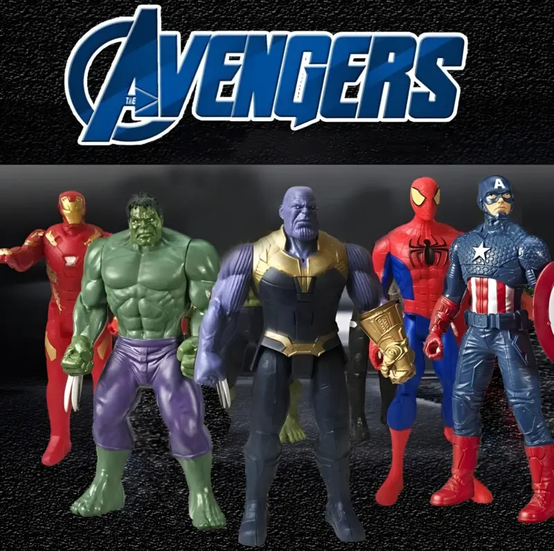 A lineup of five detailed Avengers Action Figure Set characters including Iron Man, Hulk, Thanos, Spider-Man, and Captain America, with the "Avengers" logo above them.