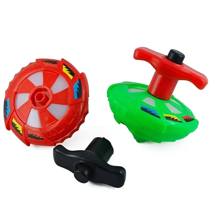 A red Spinning Flash Top and a green Spinning Flash Top, along with a black manual launcher handle, ready for action.