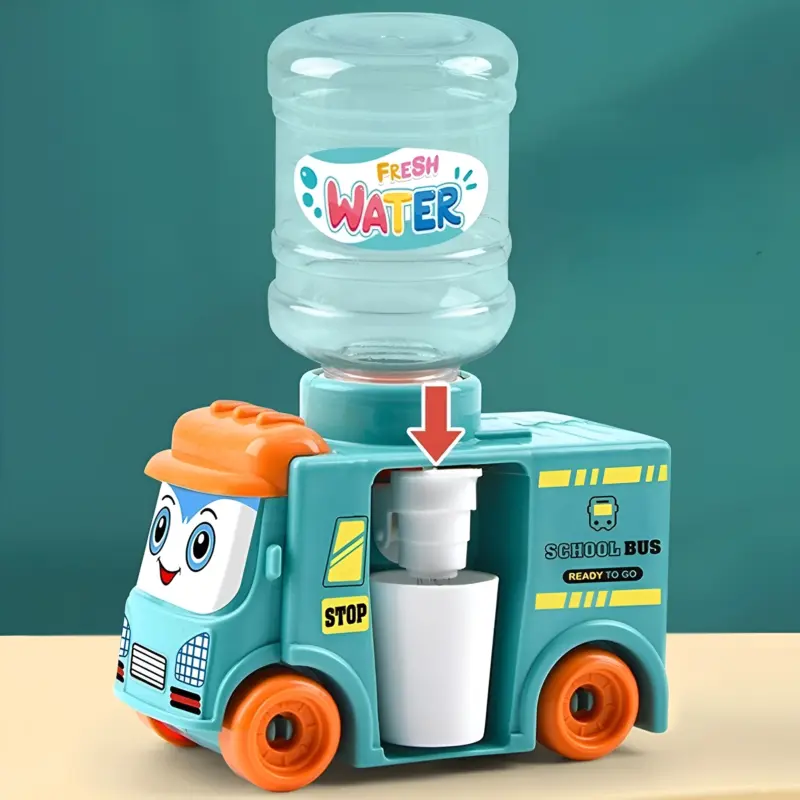 A blue and orange Kids Bus Water Dispenser Toy with a clear "Fresh Water" bottle on top, showing a white cup ready to receive water from the dispenser.