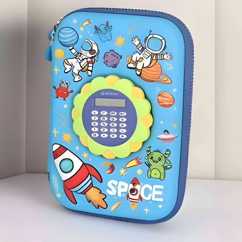 A blue Ultimate Big Calculator Pouch with a space theme, showing astronauts, planets, rockets, and a central built-in calculator.