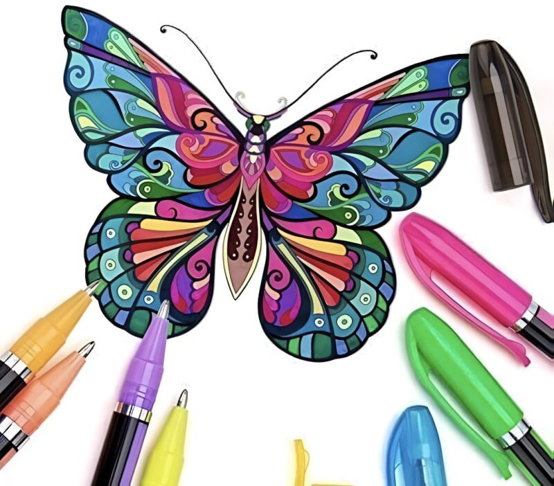 A colorful butterfly illustration surrounded by various Dazzling Neon Pastel Gel Pen Set pens in pink, green, orange, yellow, and purple.