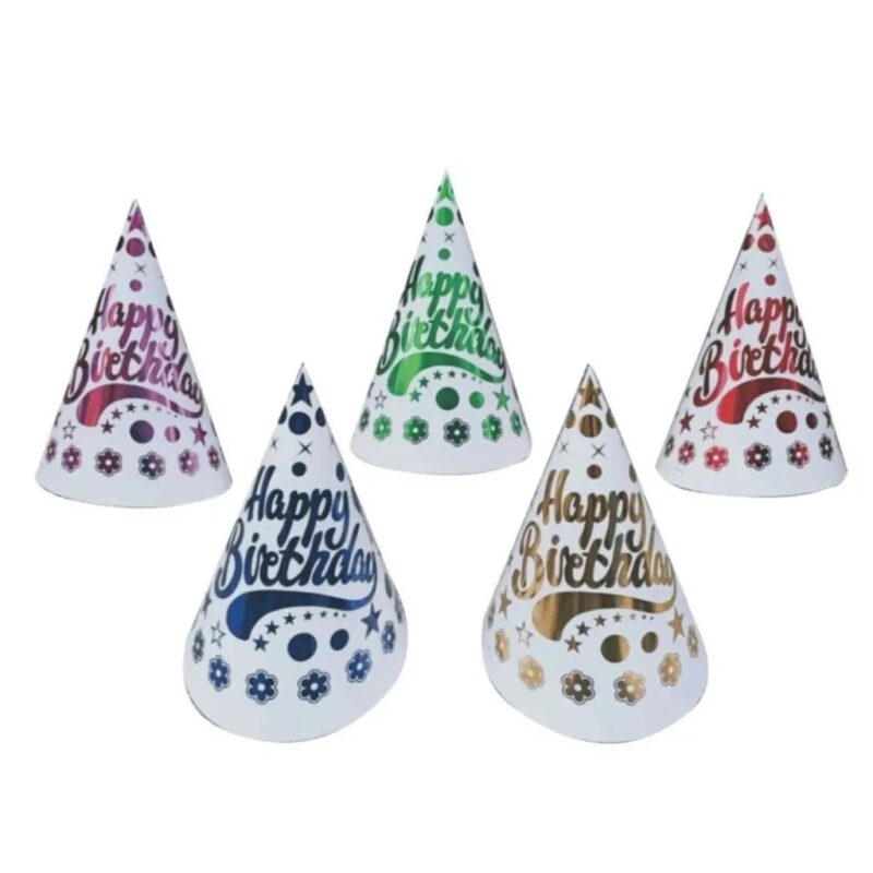 A Sparkling Glitter Birthday Hat Pack showing five assorted cone hats in purple, green, blue, red, and gold, each with glitter accents and "Happy Birthday" text, against a white background.