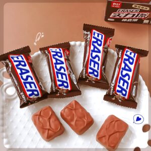 A close-up of a single brown Chocolate Bar Eraser resembling a Snickers bar, held between fingers, with dimensions (35mm x 25mm) indicated.