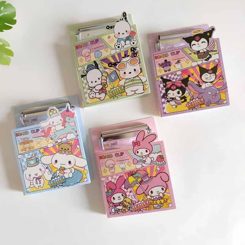 Four Kawaii Mini Notepad Clipboards displaying various Sanrio characters including Pochacco, My Melody, Cinnamoroll, and Kuromi, on a white surface.