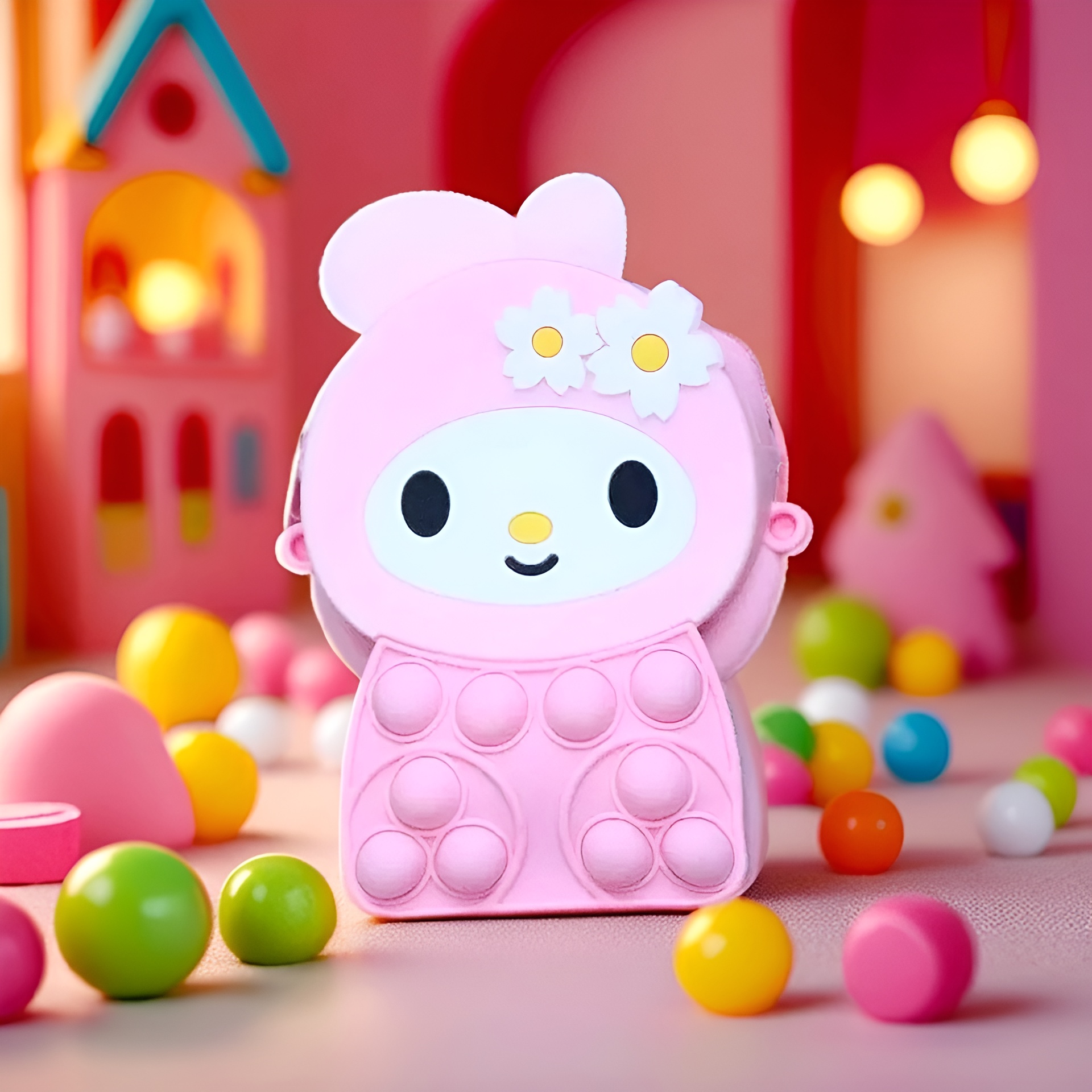 An Adorable Small Pop It Sling Bag shaped like My Melody in pink, with pop it bubbles on its body, surrounded by colorful small balls in a pink room setting.