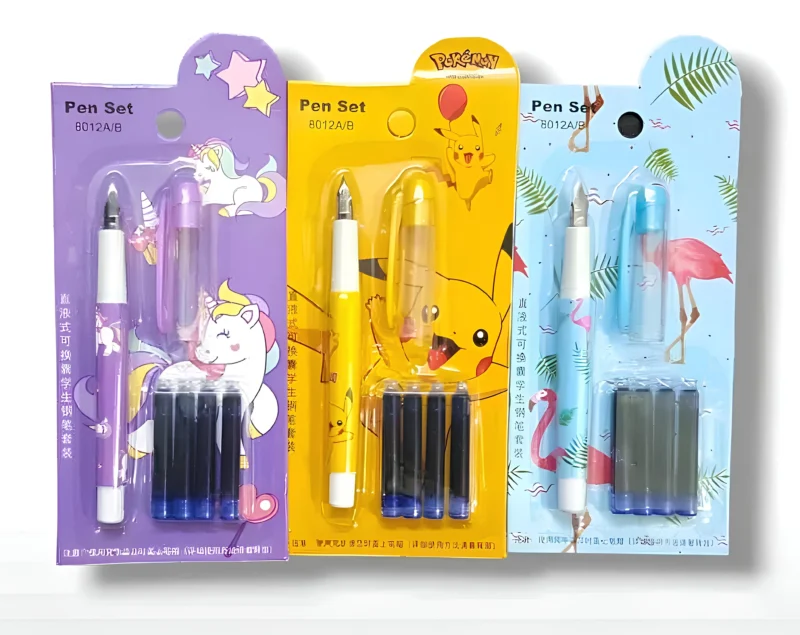 Three packaged Theme Fountain Pen Sets with themes including Unicorn (purple), Pokémon Pikachu (yellow), and Flamingo (blue), each containing a fountain pen and ink cartridges.