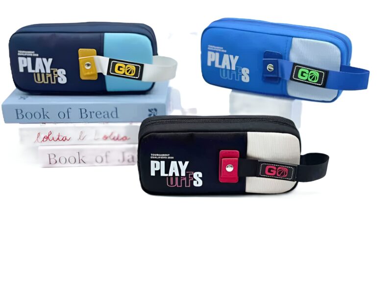 A blue and green Boys Pencil Pouch in an assorted design, featuring a prominent zippered closure.