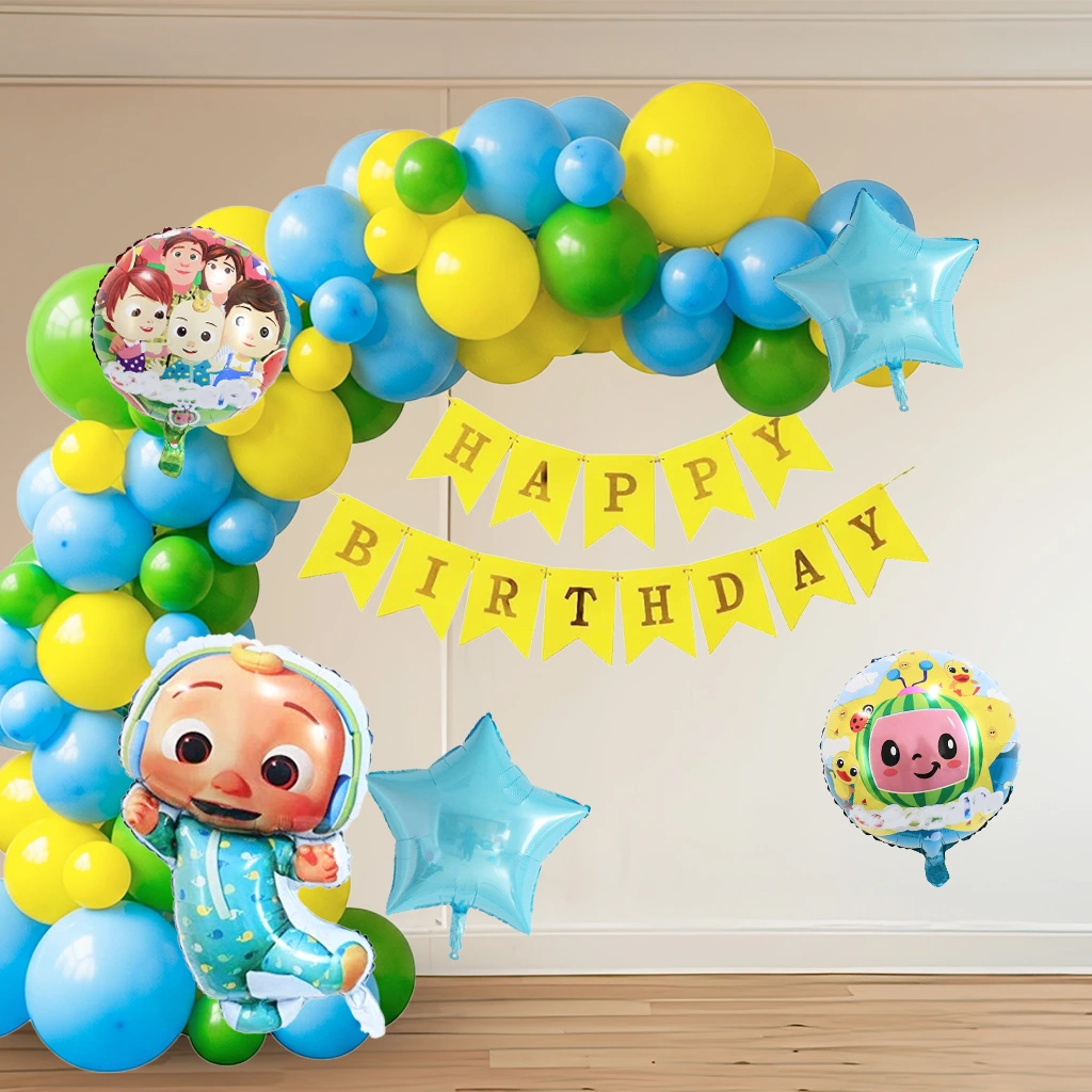 An assembled Cocomelon Party Kit featuring a vibrant balloon arch in blue, yellow, and green, a yellow