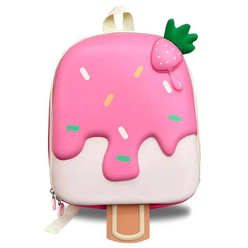 A front view of a pink Ice Cream Backpack with a white bottom, colorful sprinkles, and a green-stemmed strawberry on top, featuring a brown popsicle stick handle at the bottom.