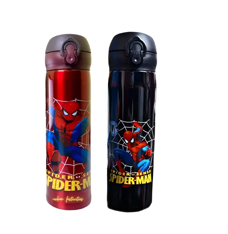 Two Spiderman Water Bottles, one red and one black, both featuring large Spiderman graphics and flip-top lids, standing side-by-side.