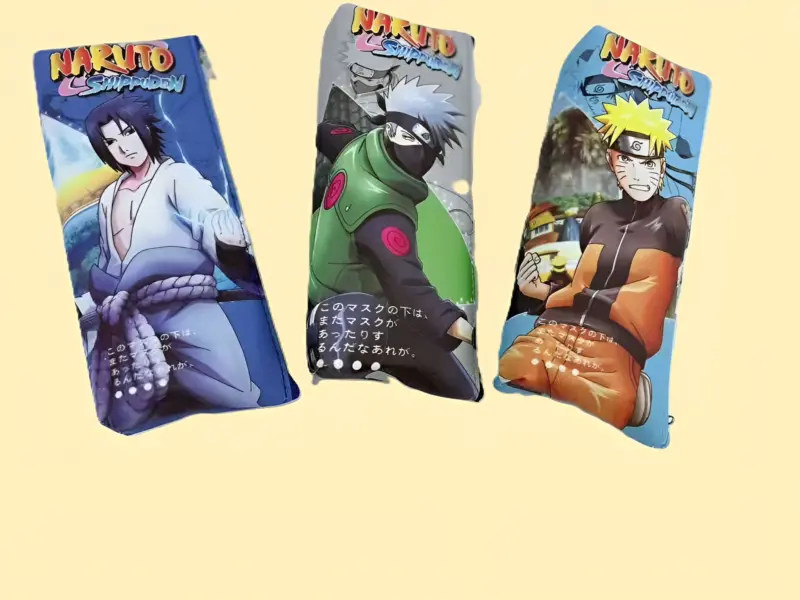 Three slim Naruto Pouches in blue and grey, featuring vertical designs of Sasuke, Kakashi, and Naruto characters, displayed upright.